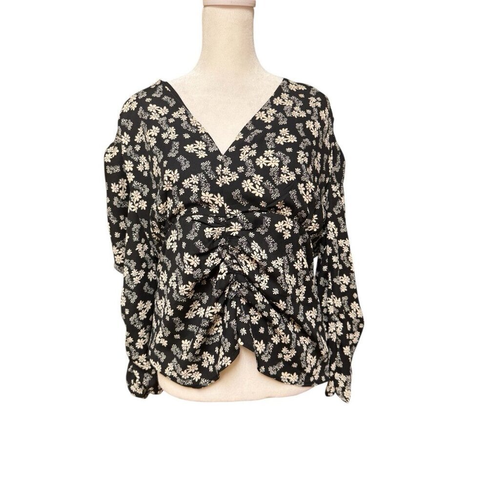 ASTR The Label Floral Ruched Blouse XL Black Puff Sleeve Top